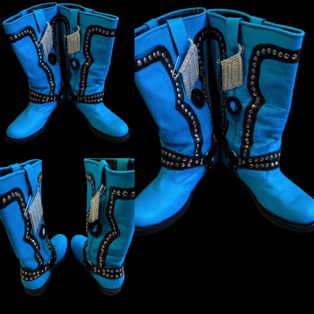 Customed “Robin’s Egg Blue” Studded & Rhinestones Moto Boots